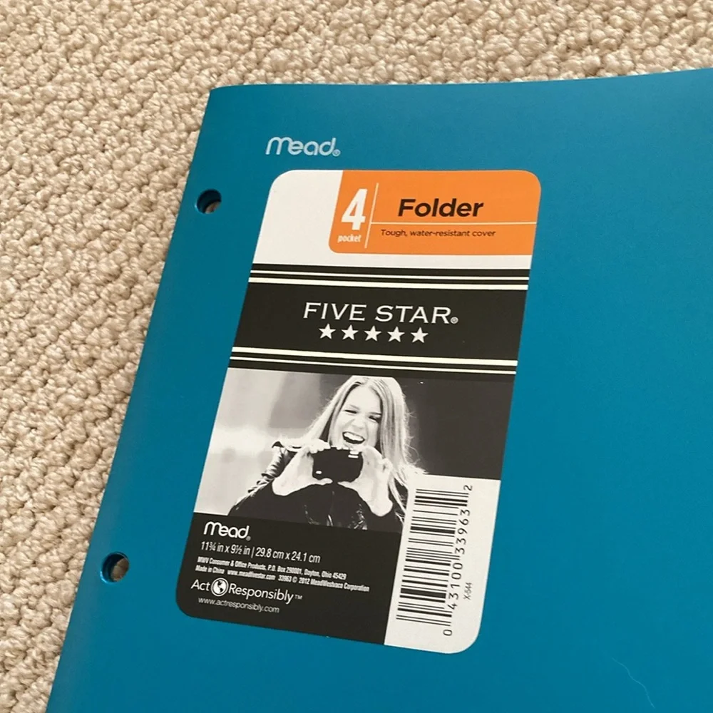 NEW Mead Five Star 4 Pocket Premium Stay Put Folder Teal 3 Hole Plastic Organize